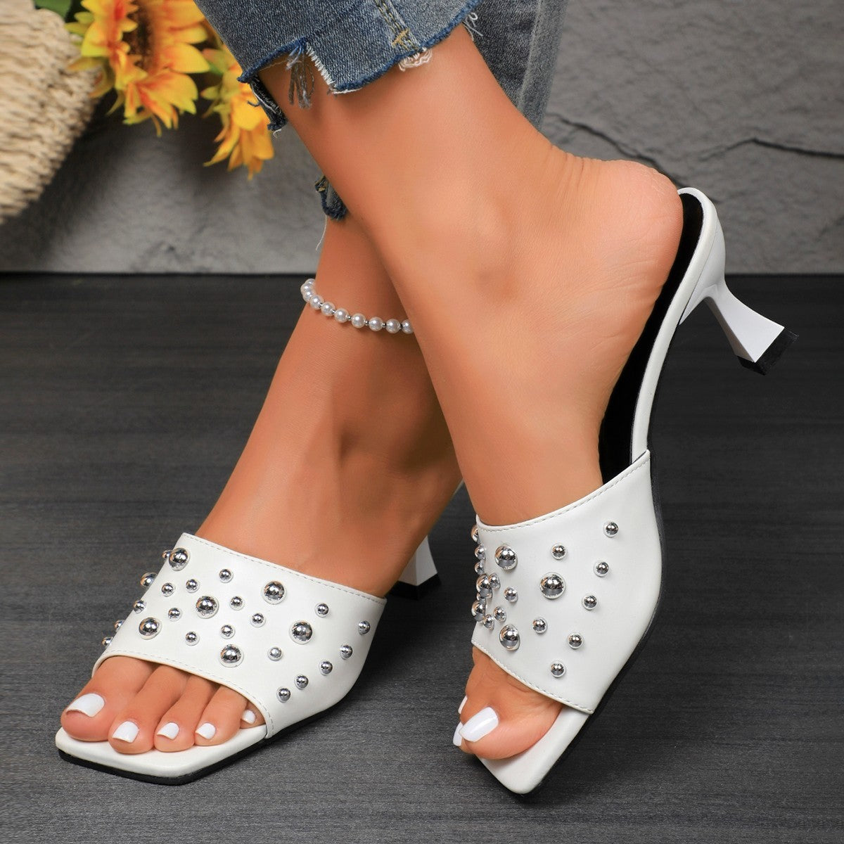 Slippers Plus Size Rivet Open Toe Stilettos