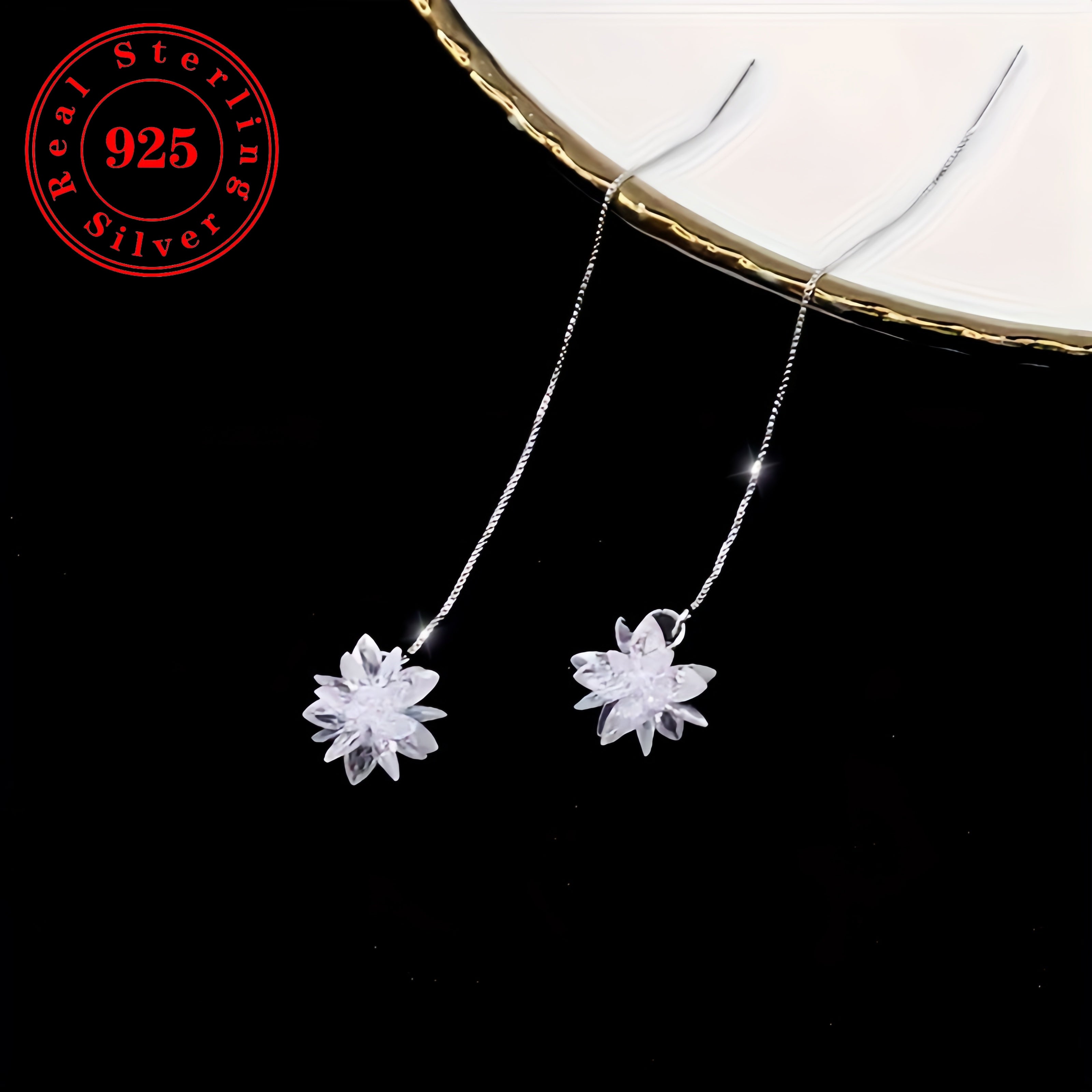 925 Sterling Silver Earrings, Sparkling Flowers  Shiny Zirconia