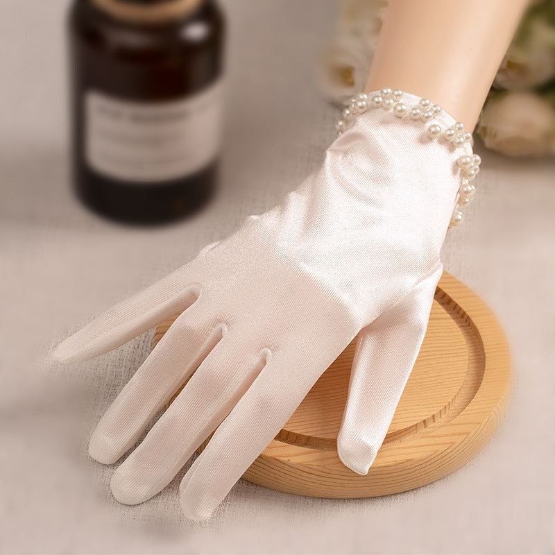 White Satin Short Gloves Lace Pearl Accessories