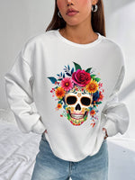Stylish Women's Hoodless Sweatshirt- Skull & Flowers Print