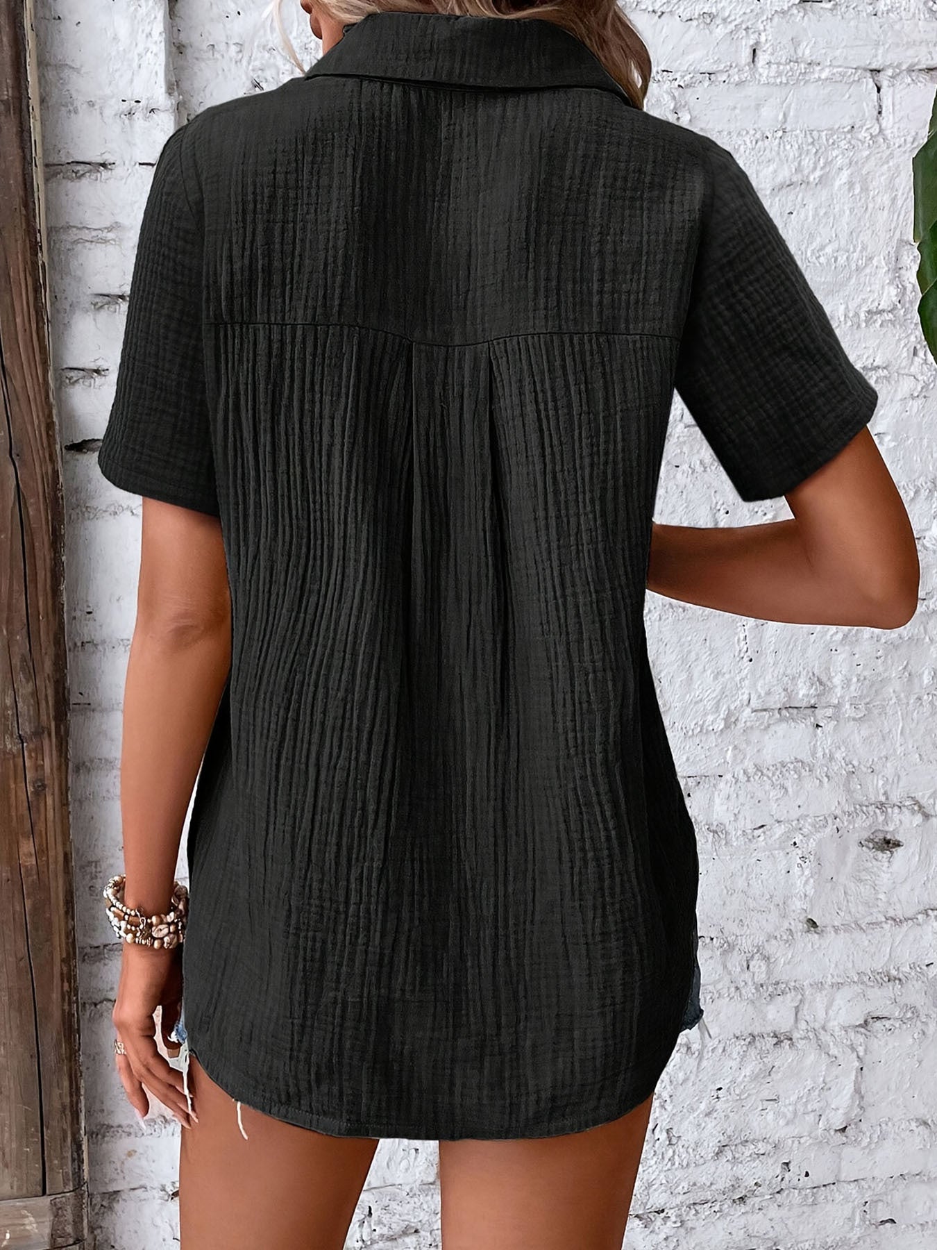 Summer Women's V-Neck Blouse - Casual Short Sleeve Button-Up Shirt With Chest Pocket, Solid White, Lightweight & Breathable For Casual   Attire