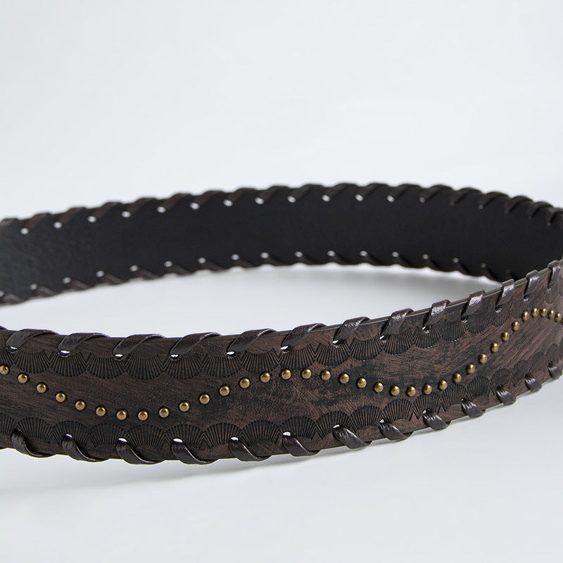 Women's Vintage Distressed Threading Rivet Embossed Brown Belt