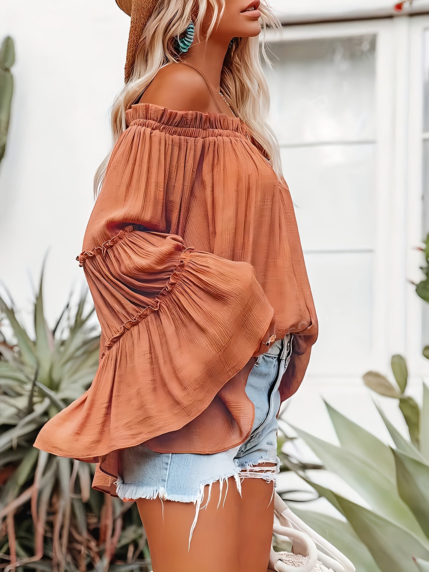 Women's Elegant Solid Color Off Shoulder Flared Sleeve Shirt for Vacation and Casual Wear