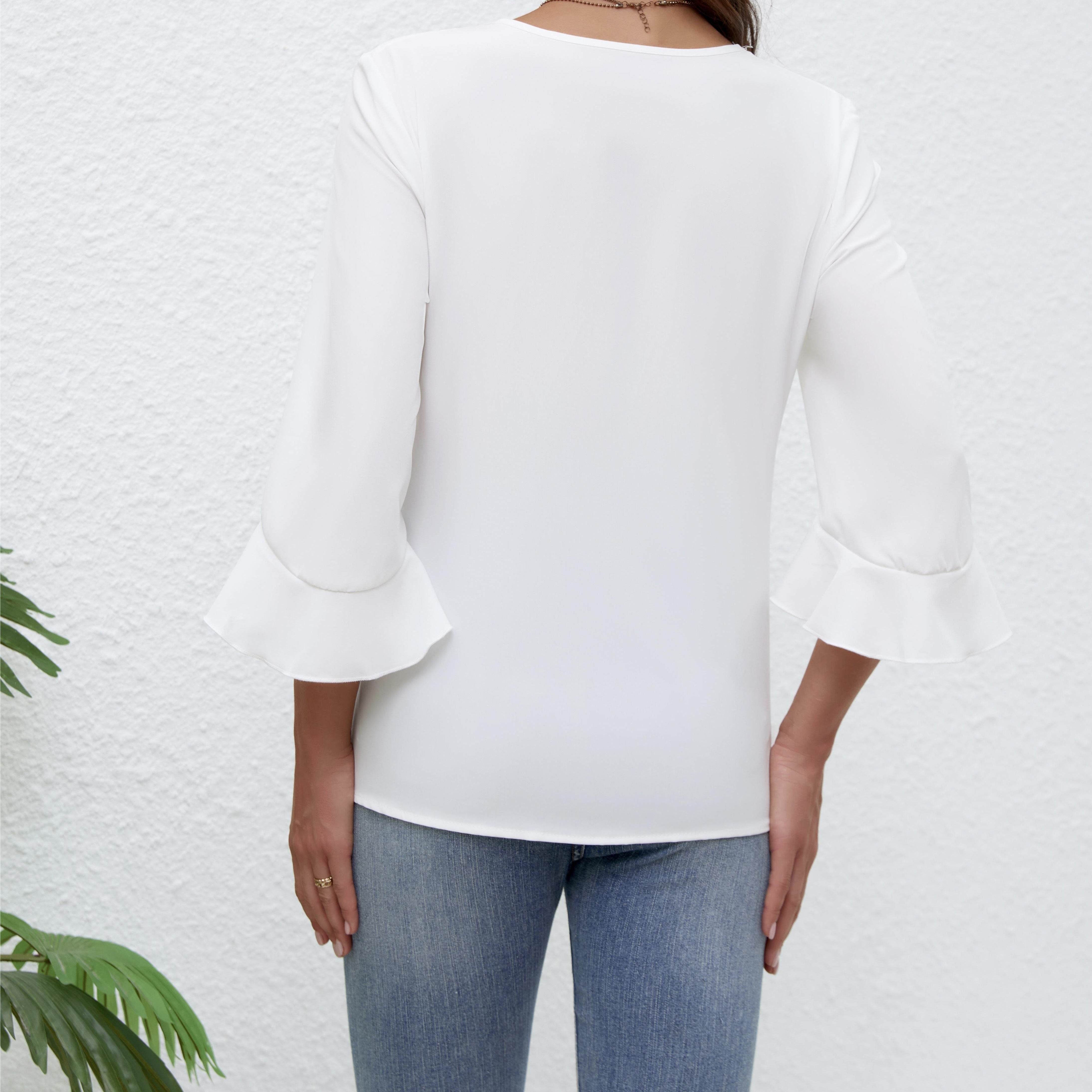 Women's Solid Color V-neck Ruffled Irregular Flared Sleeve Blouse Top