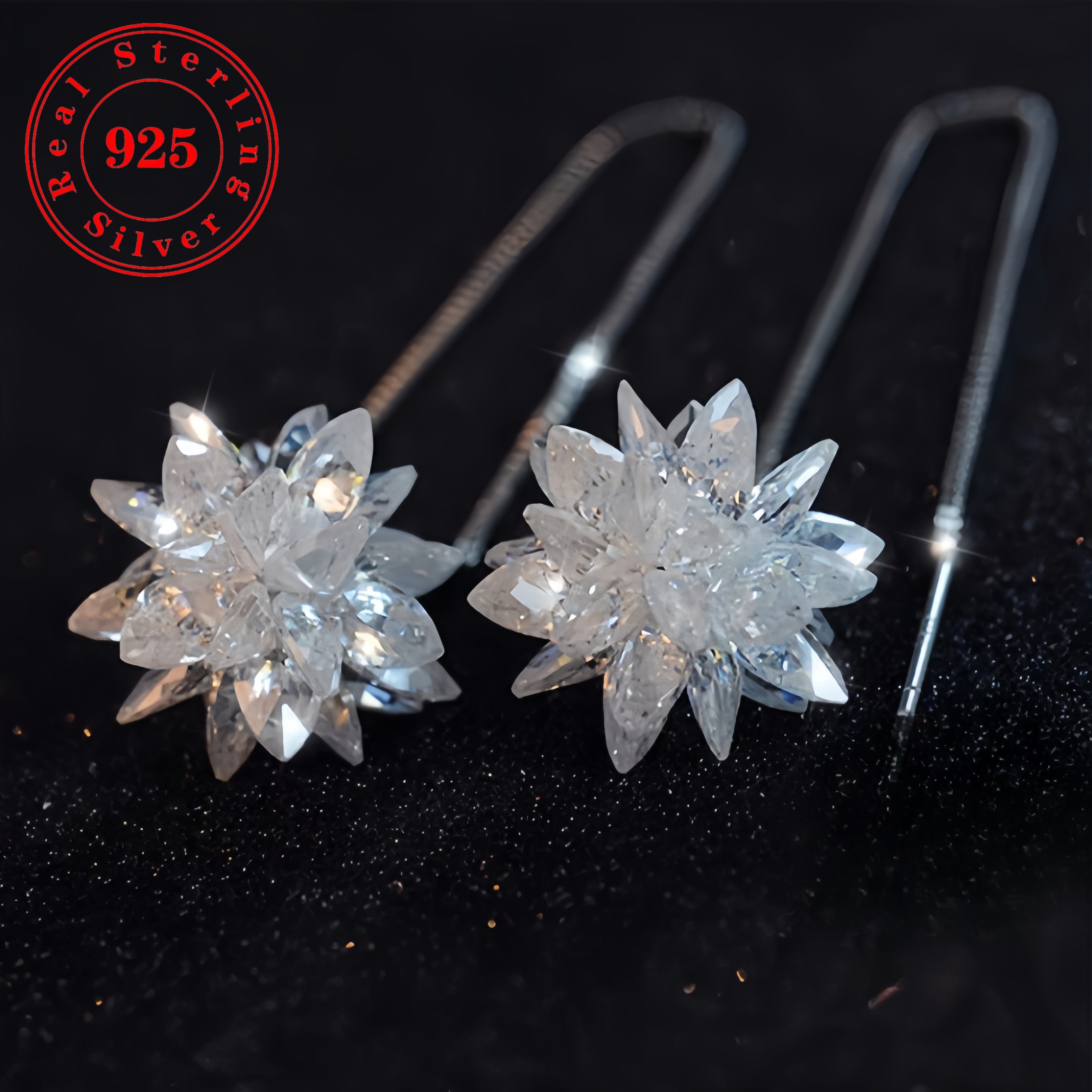 925 Sterling Silver Earrings, Sparkling Flowers  Shiny Zirconia