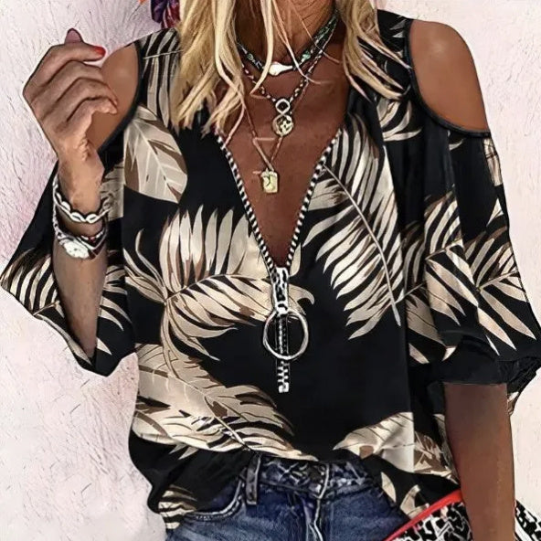 Ladies' plant printed casual sleeveless T-shirt with zipper detail, summer versatile top.