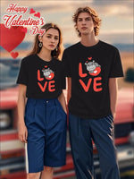 Valentine's Day Women's and Couples Short-Sleeved T-Shirt- Hippo Love Print, Polyester, Black