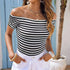 Ladies' off shoulder striped top in black and white, casual summer style.