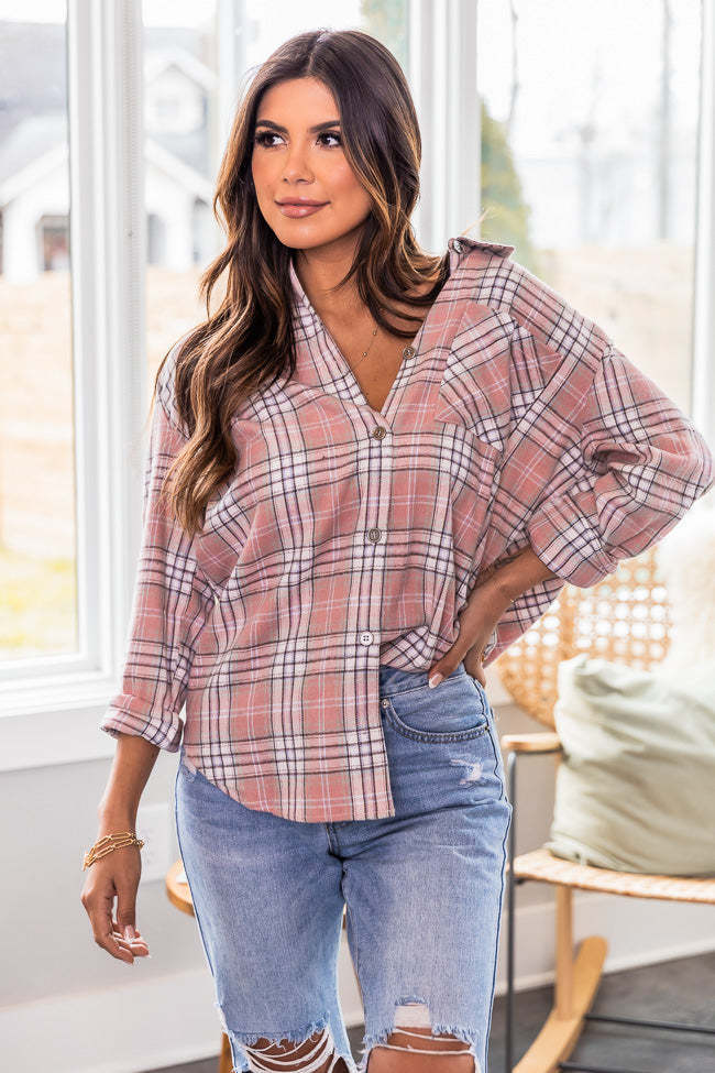 New Polo Collar Pocket Long Sleeve Plaid Shirt For Women