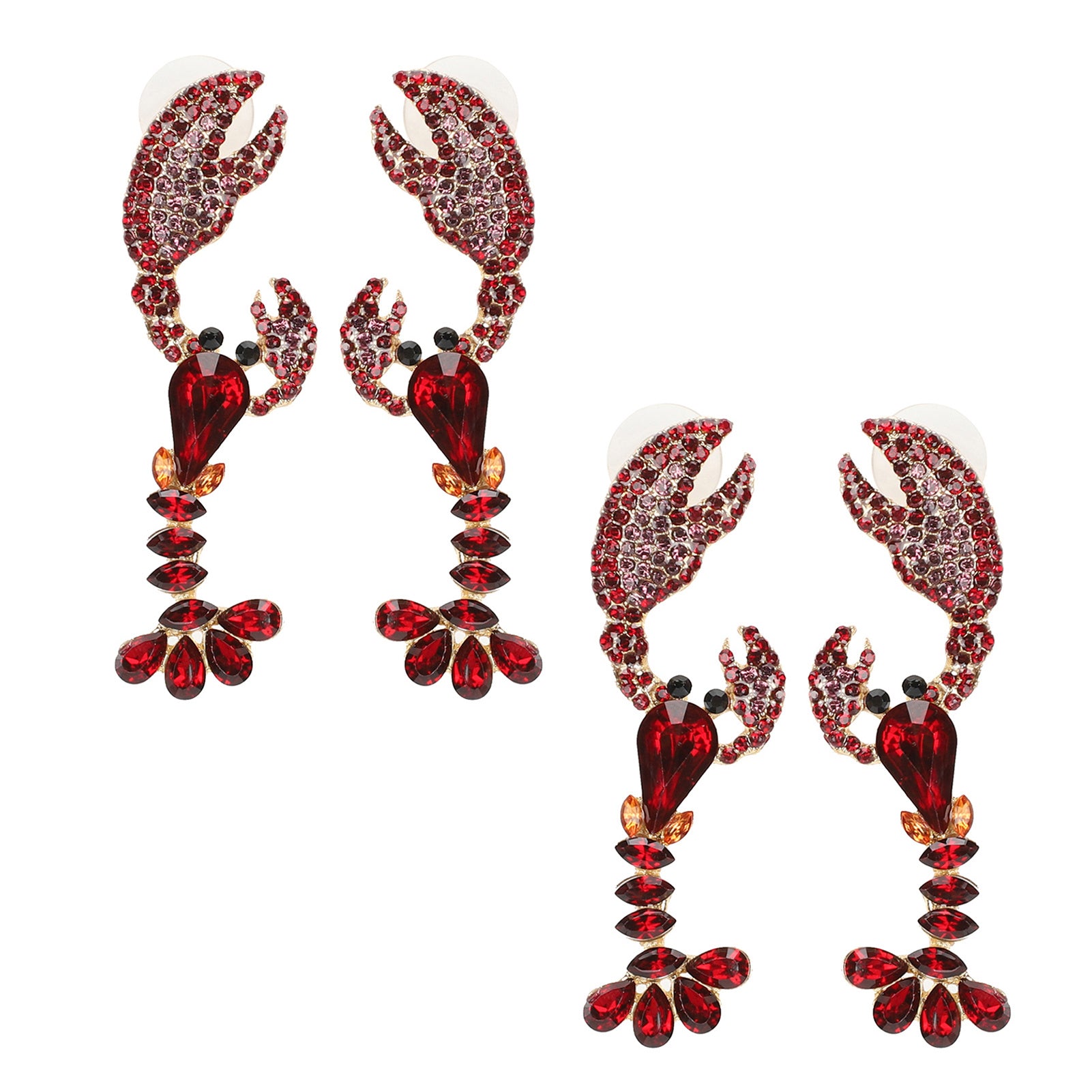 2 Pairs Alloy Earrings Fashionable Beautiful Crystal Lobster Shape Decor Women Gift