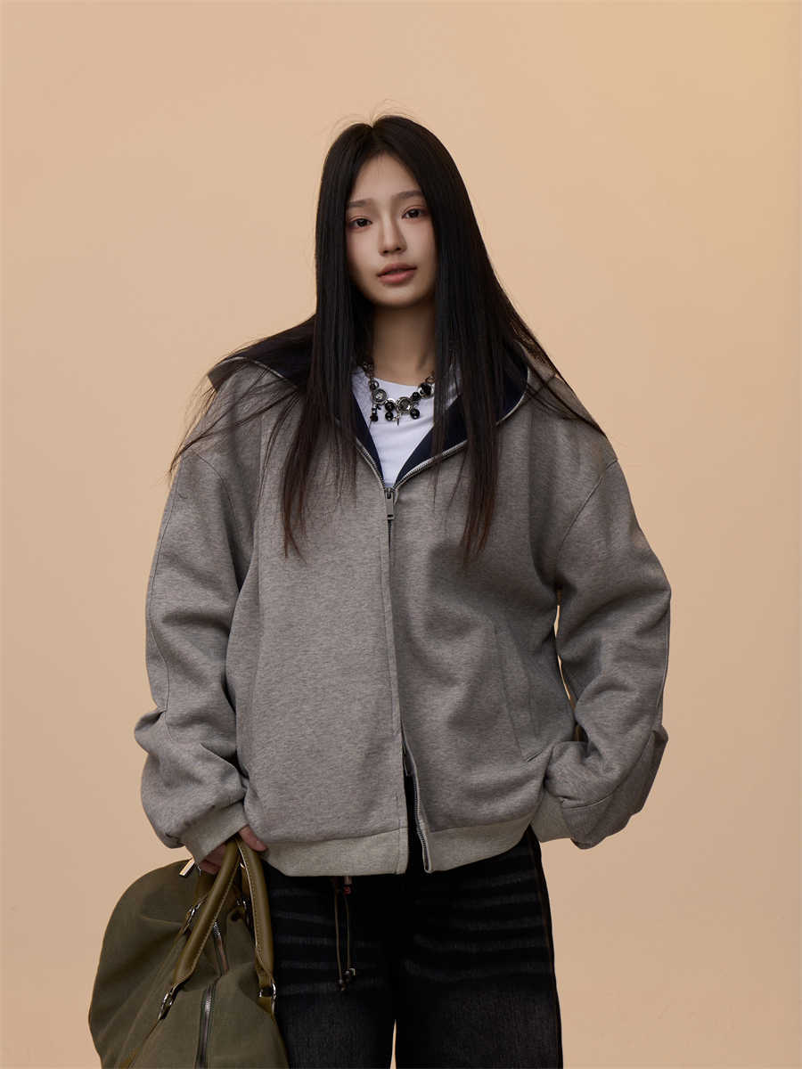 Women's Double Zipper Cardigan Sweater Loose Casual Hooded Coat