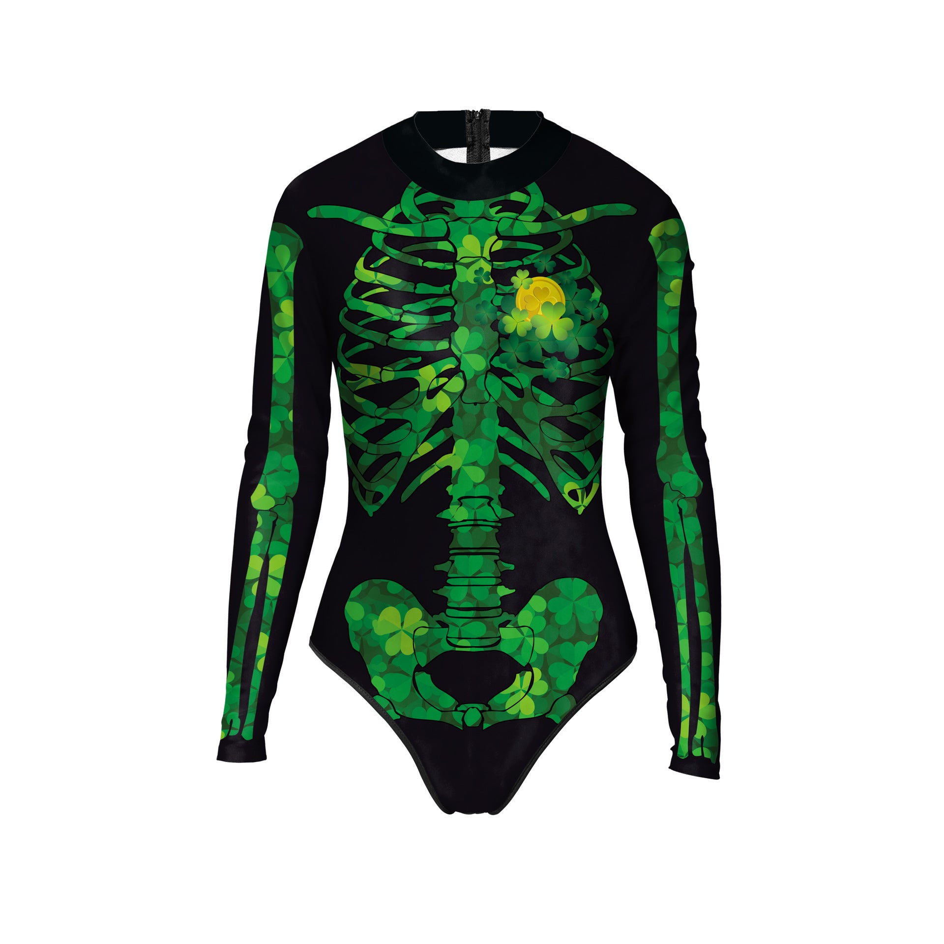 St. Patrick's Day Green 3D Digital Printed Women's Long Sleeve Conservative Swimwear