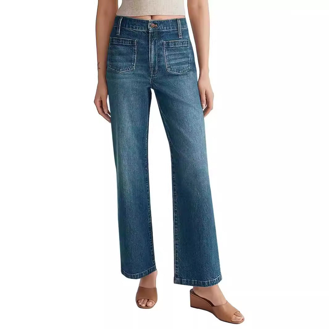 Washed Women's Jeans Wide Leg Trousers Square Pocket