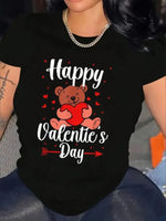 Valentine's Day Women's Short-Sleeved T-Shirt- Teddybear Heart Print, Polyester, Black