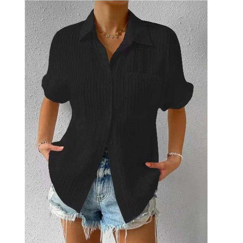 Splicing Pocket Short Sleeved Solid Color Temperament Casual Lapel Raglan