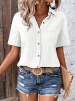 Summer Women's V-Neck Blouse - Casual Short Sleeve Button-Up Shirt With Chest Pocket, Solid White, Lightweight & Breathable For Casual   Attire