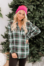 New Polo Collar Pocket Long Sleeve Plaid Shirt For Women