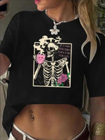 Valentine's Day Women's Short-Sleeved T-Shirt- Skeleton Love Print, Polyester, Black