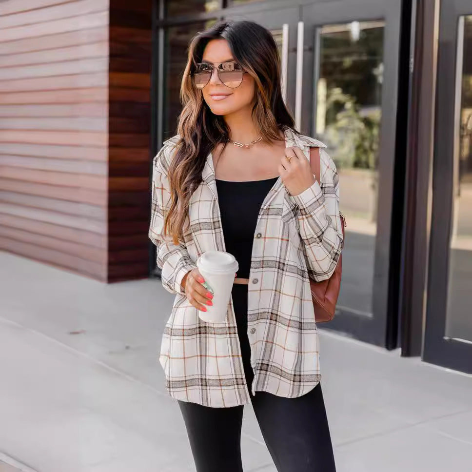 New Polo Collar Pocket Long Sleeve Plaid Shirt For Women