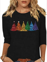 Christmas Women's Printed Long Sleeve- Rainbow Trees Print, Black