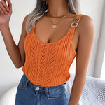 Women's Sleeveless Knitted Camisole With Metal Buckle Straps Crew Neck Tank Top
