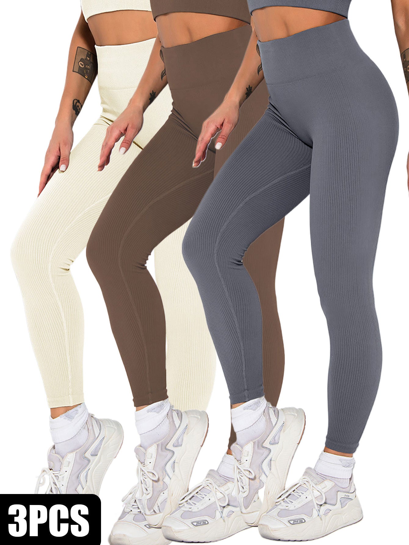 3 Pack Womens Seamless Ribbed Leggings Soft Slimming Yoga Pants, Ribbed Yoga Pants High Waisted Gym Leggings Sport Women Fitness Seamless Female