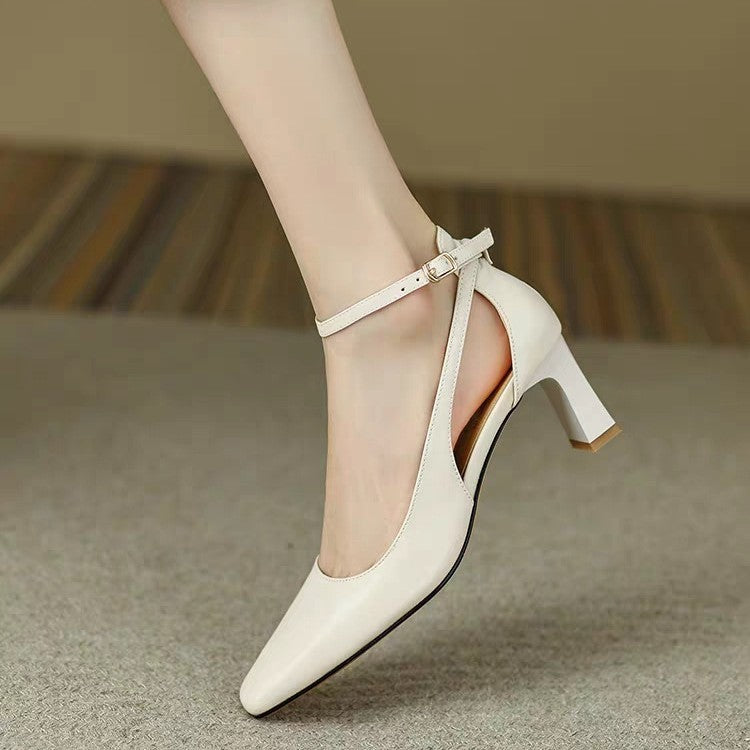 Square Toe Chunky Heel Pumps Women's Summer Mid Heel Soft Leather