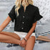 Women's Summer Casual Shirt - Button Front, Pleated Design With Lace Trim, Solid Color Top