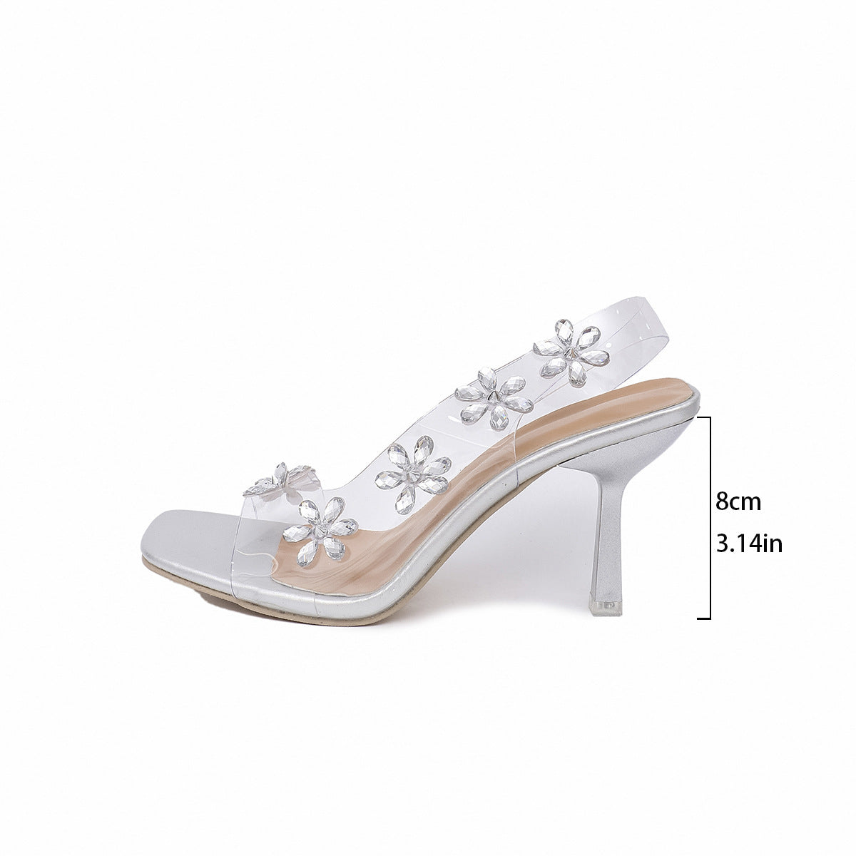 Square Toe Rhinestone Transparent Strap High Heels