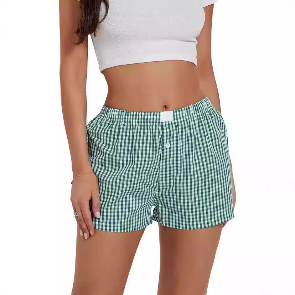 Vacation Simple Plaid Beach Shorts Women's Loose Casual Pants