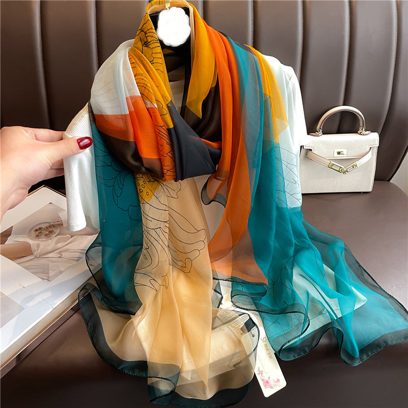 Flower Color Matching Scarf Women's Artificial Silk