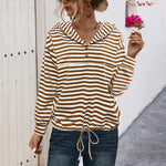 Button Striped Hooded Sweater For Women