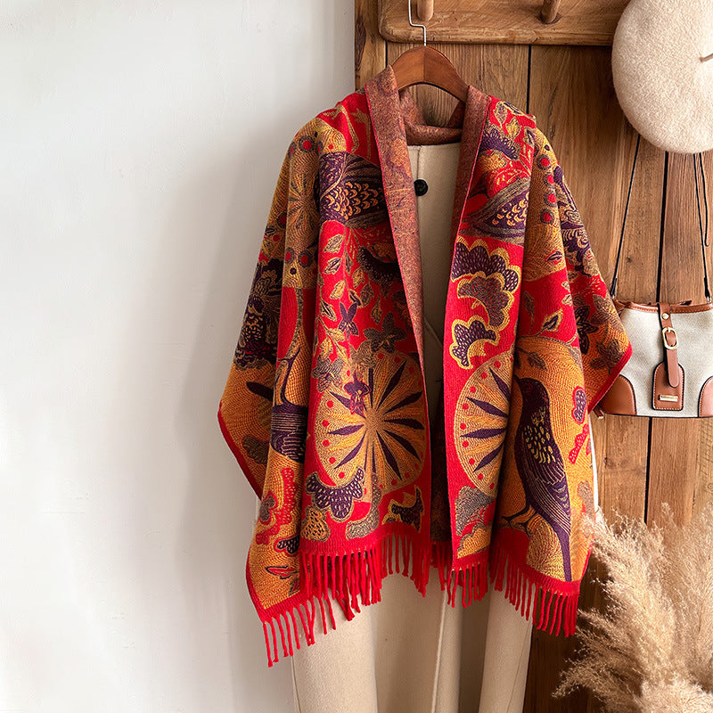 Season Ethnic Birds And Plants Collision Combination Elegant Going Out Cashmere-like Warm Scarf Shawl For Women