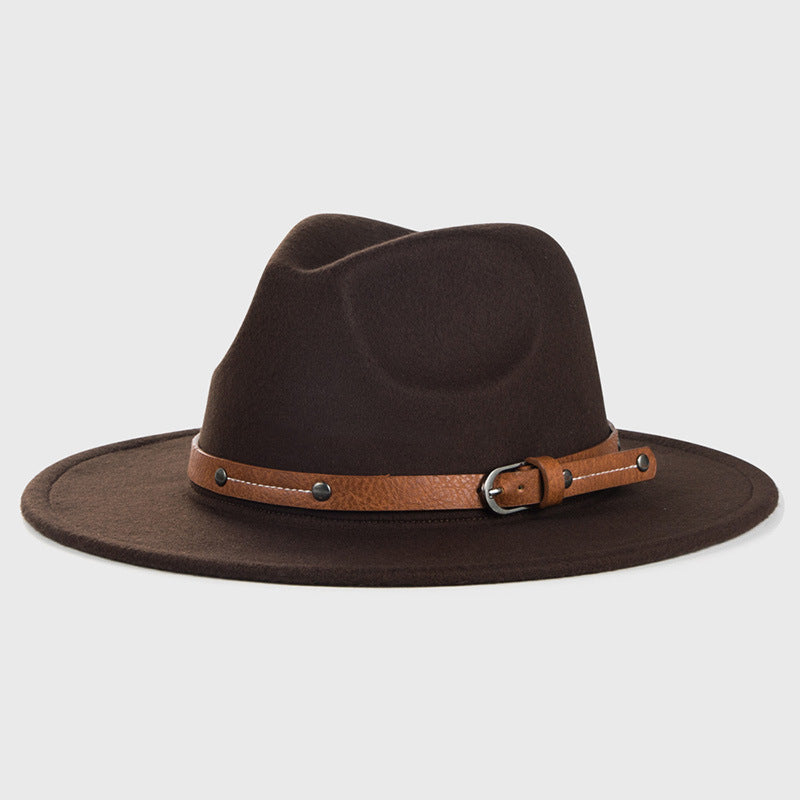 Monochrome Belt Metal Buckle Simple Big Brim Jazz Cowboy Hat