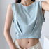Women's loose exercise blouse in light blue, I-shaped round neck, sleeveless design.