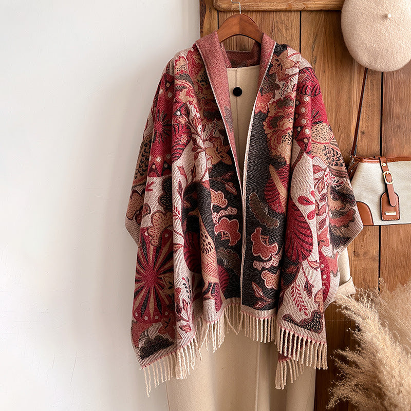 Season Ethnic Birds And Plants Collision Combination Elegant Going Out Cashmere-like Warm Scarf Shawl For Women