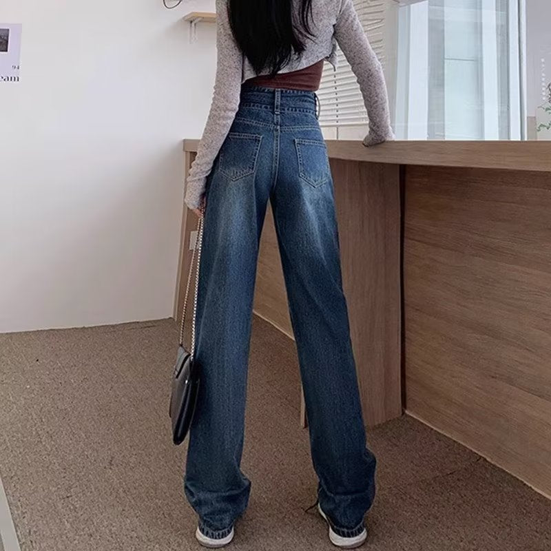 Retro High Waist Jeans Women's Straight Wide Leg Pants