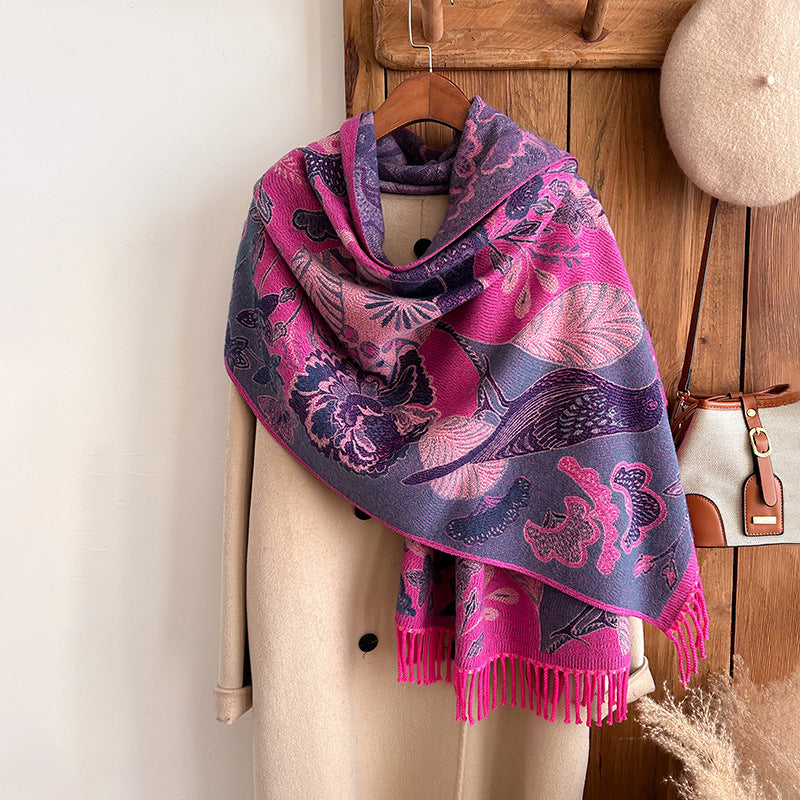 Season Ethnic Birds And Plants Collision Combination Elegant Going Out Cashmere-like Warm Scarf Shawl For Women