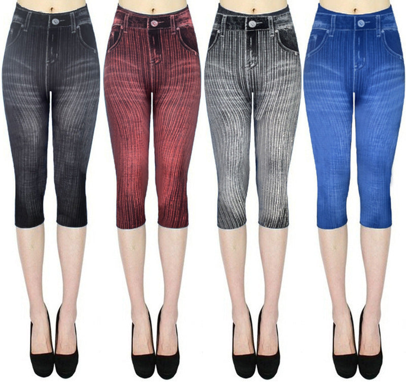 Stretch Bottoming Cropped Slim Fit Hip Raise Printed Jeans For Women