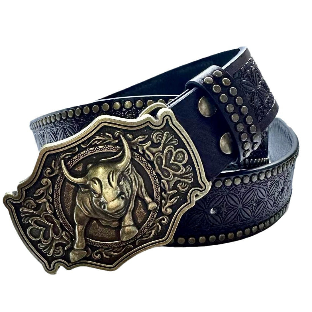 Women's Retro Embossing Rivet Bullhead Big Plate Buckle Belt