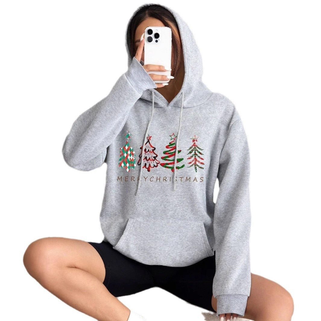 Christmas Tree Digital Printed Hooded Long Sleeve Sweater