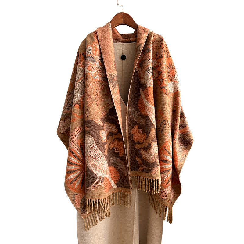 Season Ethnic Birds And Plants Collision Combination Elegant Going Out Cashmere-like Warm Scarf Shawl For Women