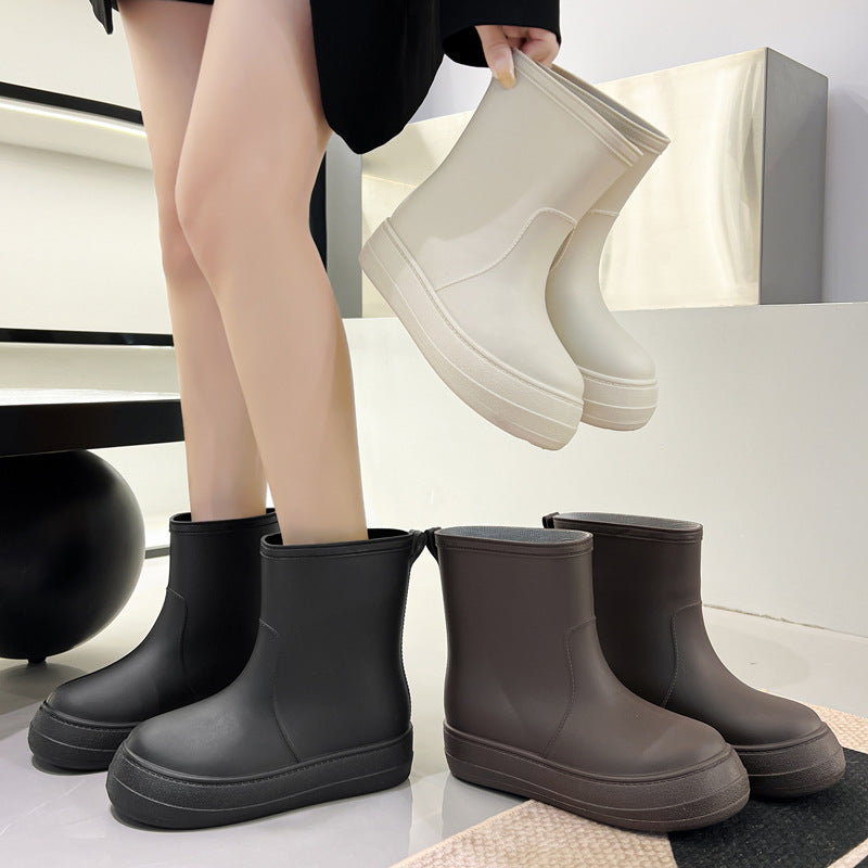 Women's Flat Mid-calf Rain Boots Non-slip Rubber Shoes