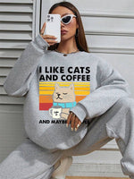 Funny Women's Hoodless Sweatshirt- Cats & Coffee Print