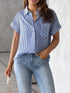 Vertical Striped Button Front, Stylish Short Sleeve Shirt For Spring & Summer, Women's Clothing