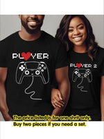 Valentine's Day Women's and Couples Short-Sleeved T-Shirt- Gamer Love Print, Polyester, Black