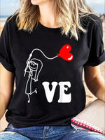 Valentine's Day Women's Short-Sleeved T-Shirt- Heart Balloon Print, Polyester, Black
