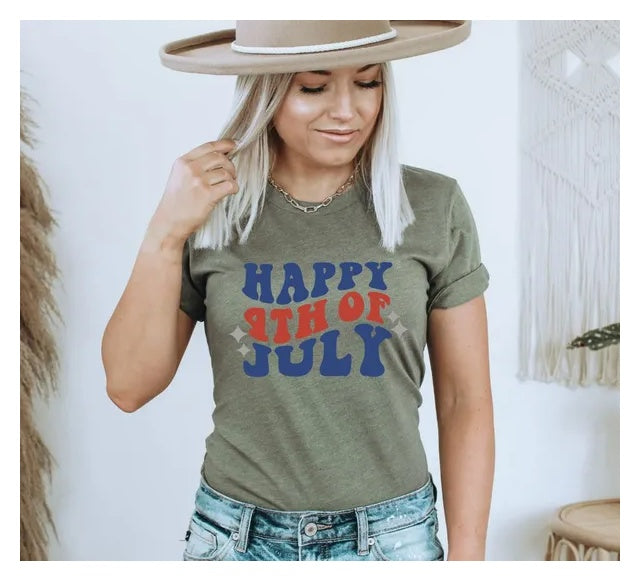 4th Of July T-shirt with "Happy 4th Of July" text, eco-friendly, perfect for Independence Day.