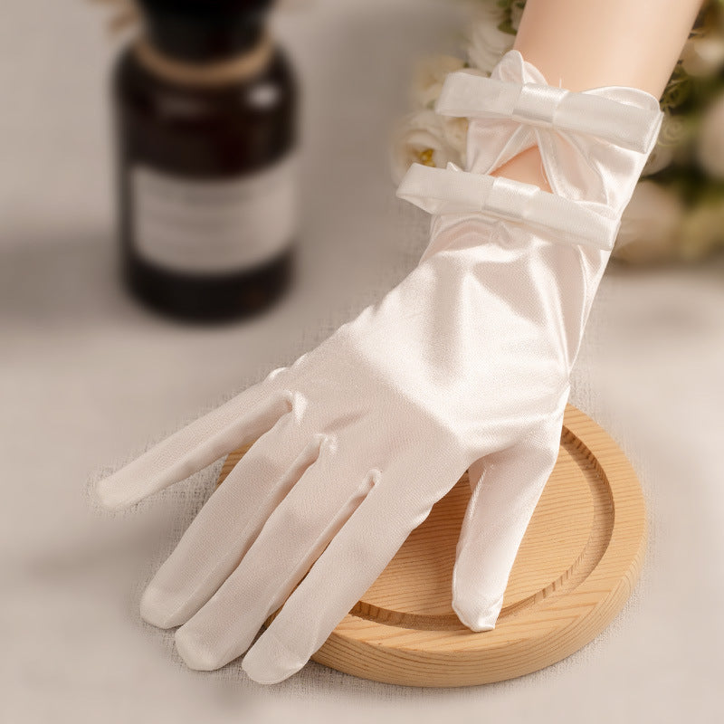 White Satin Short Gloves Lace Pearl Accessories