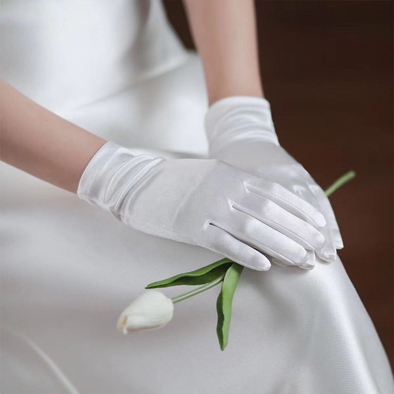 White Satin Short Gloves Lace Pearl Accessories